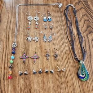 Bohemian/Spiritual Jewelry Lot Includes 2 Necklaces and 11 Sets of Earrings EUC